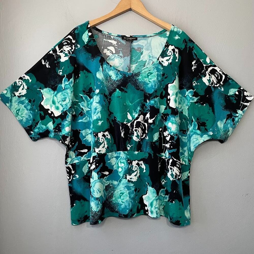 Susan Lawrence Teal Floral Top Plus Size 2X Rose Stretch Whimsigoth Romantic